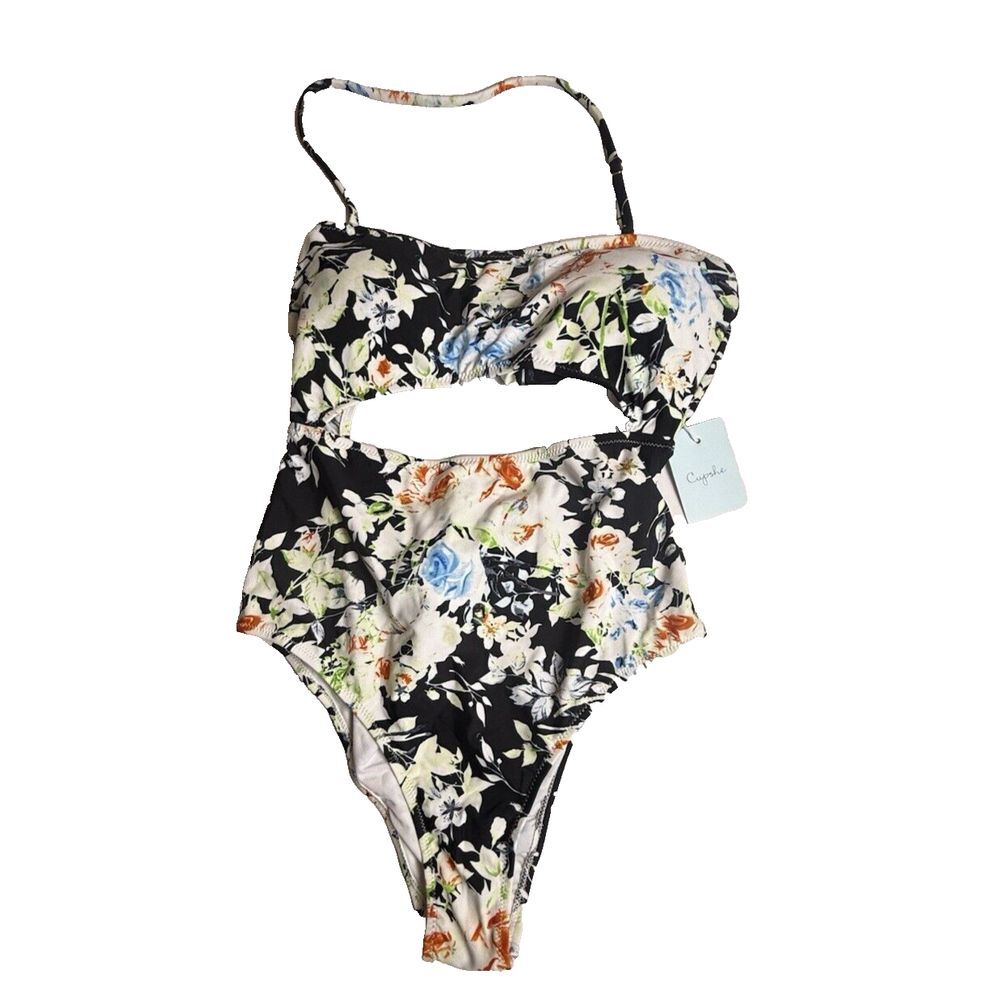 CUPSHE NWT White Sexy Cut Out Twist Top Black & Tropical Bottom Swimsuit L-437